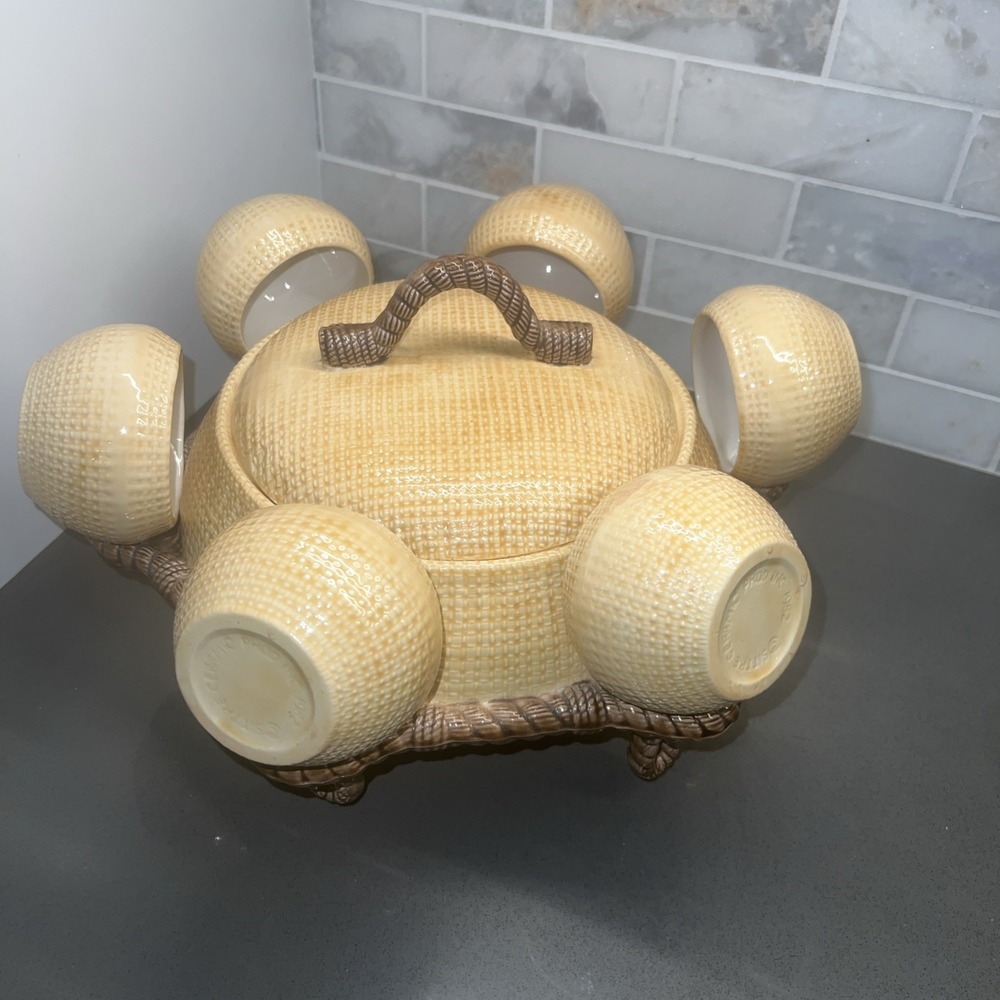VTG Sittre Ceramics Tureen Bowl Set With Mugs Rope Pattern 1982 RARE COLOR